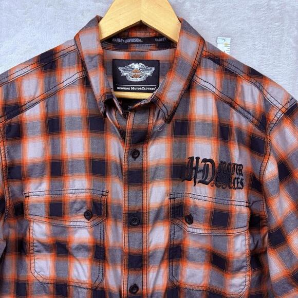 Harley-Davidson Red Black Plaid Men Shirt L Short Sleeve HD Motorcycles Western - Picture 4 of 10